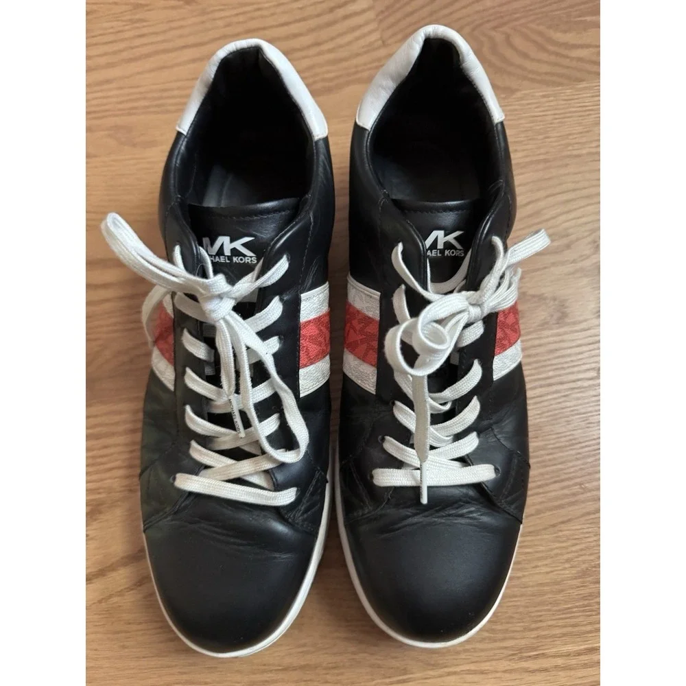 Michael Kors Black Leather Sneakers White Red MK Logo Stripe Trainers Womens 10M